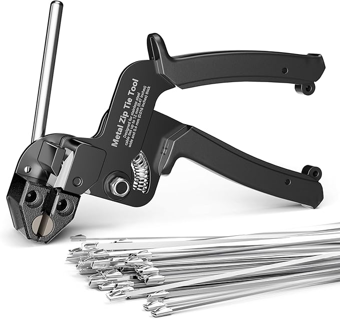 Metal Zip Tie Tool with 100 PCS 11.8 Inch 304 Stainless Steel Zip Ties, Heavy Duty Zip Tie Cutter and Tighter, for Chain Link Fence Ties and Exhasust Pipes, Black