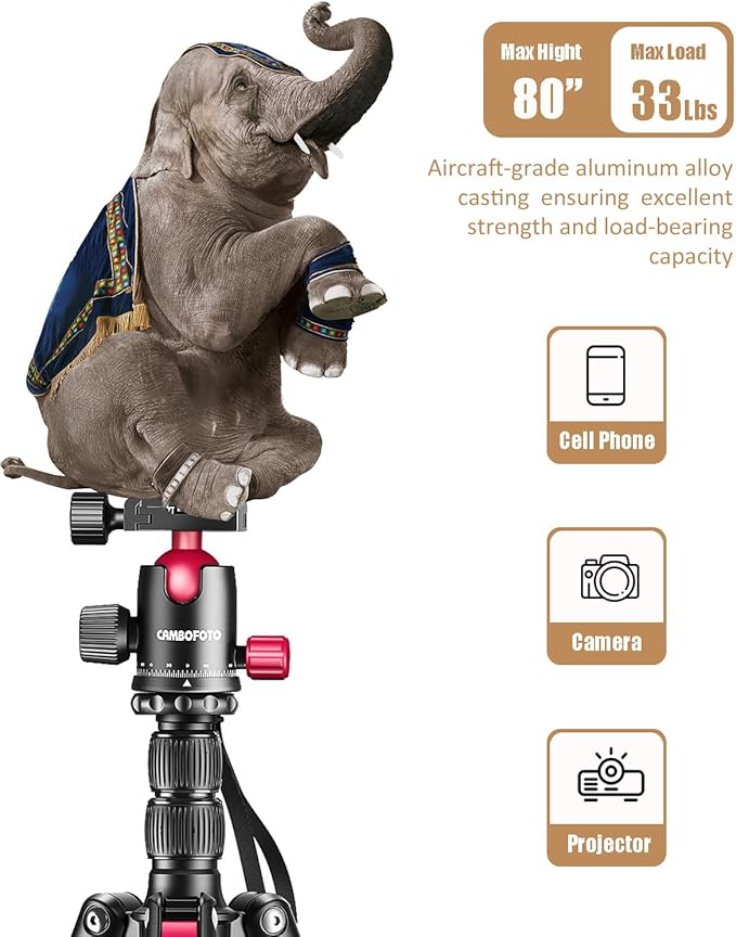 CAMBOFOTO 80"-Professional-DSLR-Camera-Tripod, SLR Ball Head Aluminum Photography Tri pod & Monopod with Carry Bag Compatible with Canon/Nikon/Binoculars/Telescope (Weight 3.6 Lbs, 33Lbs Load)