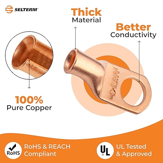 SELTERM 2pcs 6 AWG 3/8" Stud Copper Wire Lugs, Battery Lugs, Ring Terminals, Battery Cable Ends, 6 Gauge Ring Terminal Connectors, UL Heavy Duty Bare Copper Eyelets Battery Terminal Connectors