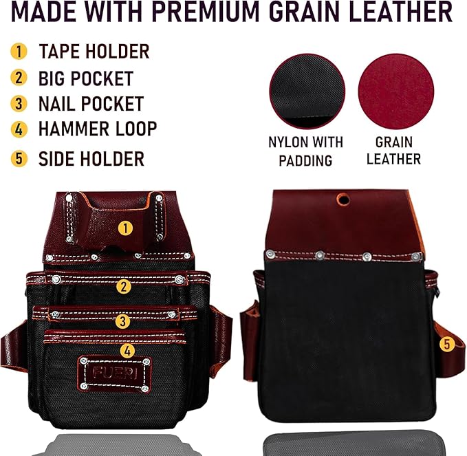 FUERI Tool Belt With Suspender Men Carpenter Pouches Construction Bags Electrician Belts Framer Worker Pouch Bag Holder Organizer 26 Pocket Nylon Leather Maroon Professional Set - Extra Large