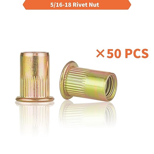 Rivet Nut Installation Tool Set Flat Head Rivnut Threaded Insert Nut Kit SAE & Metric for Metal Heavy Duty Zinc Plated Nutsert (5/16-18(Rivet Nut-50pcs))