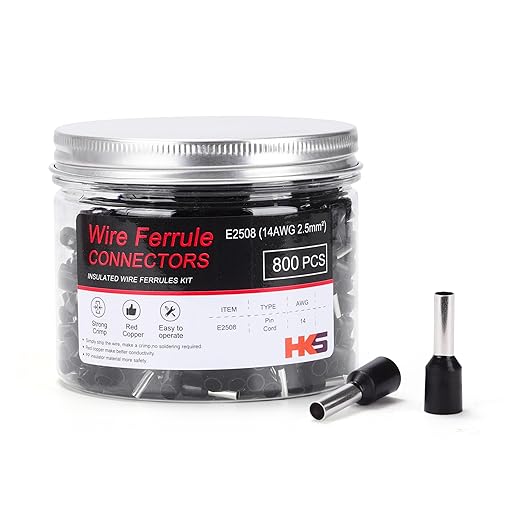 HKS 800PCS Wire Ferrule Connectors - AWG 14-2.5mm² Copper Barrel Pin Cord Ends Insulated Ferrules Terminals - E2508 Black