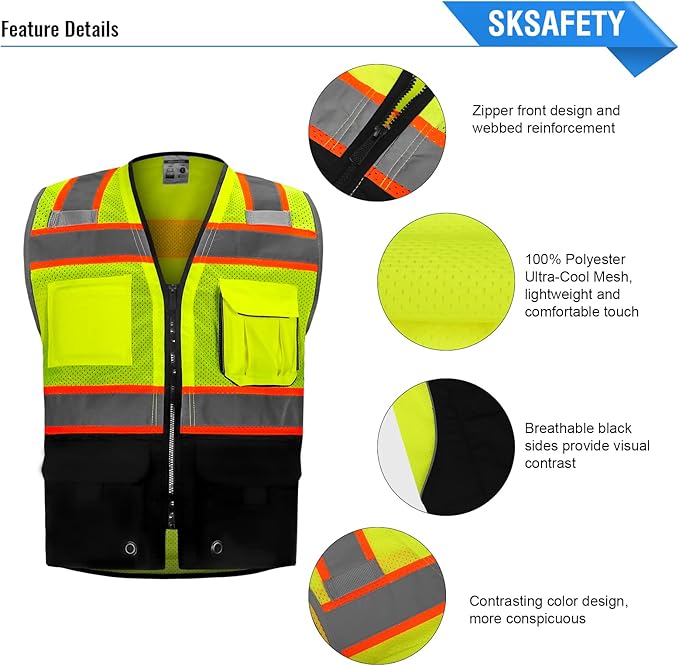 SKSAFETY 10 Pockets Professional Safety Vest, Class 2 High Visibility, ANSI/ISEA Standard, Construction Work Vest (Lime Black, 4XL)