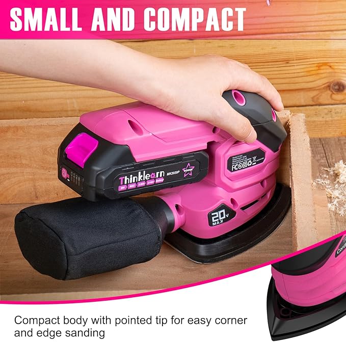 Cordless Detail Sander - 20V Electric Hand Sander with 22Pcs Sandpapers, 12000 RPM Mouse Sander with Dust Bag, Compact Palm Sander Tool for Woodworking, 2.0Ah Battery and Charger Included