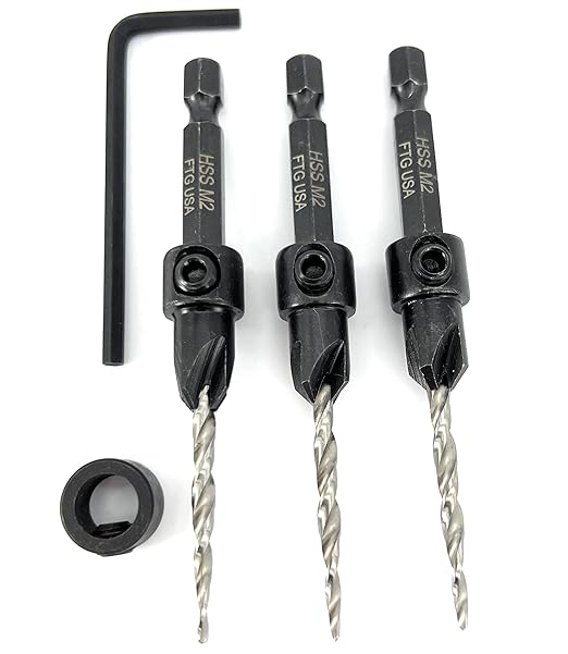 FTG USA Adjustable Wood Countersink Drill Bit Set 3 Pc #6 (9/64"") with Tapered Drill Bit for Woodworking
