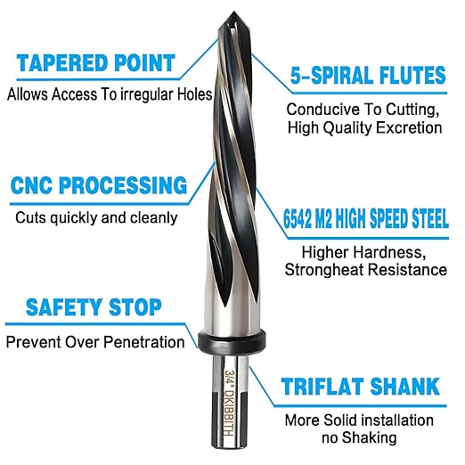 3/4” Bridge Construction Reamer Drill Bit, M2 HSS Taper Chucking Reamer for Steel Alloy Metal Wood Plastic, 1/2" Non-Slip Shank, 5-Spiral Flutes Car Reamer, to Align or Enlarge Holes, 19mm