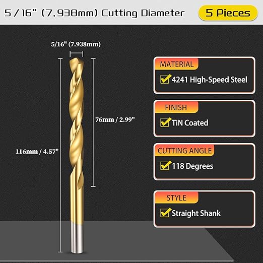 Drill Bit, 5/16" Cutting Diameter (7.938mm), 4241 HSS TiN Coated 118° Cutting Angle Versatile Jobber Bits - (Applications: for Drilling Plastic Wood Soft Thin Metal), 5-Pieces