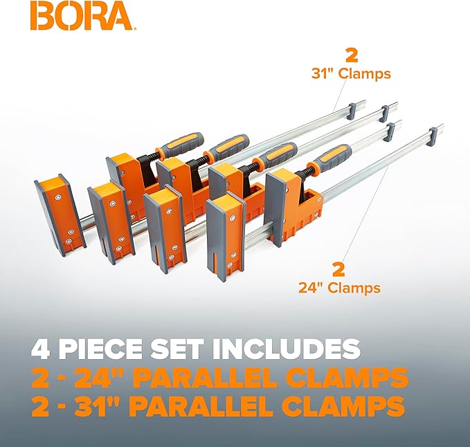 Bora 4 Piece Parallel Clamps for Woodworking Clamps 4 Pack 2 x 24 inch plus 2 x 31 inch Parallel Clamp Spreader Set Bar Clamp 1100 Lbs clamping force Bar Clamp Set 571550I