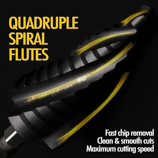 Four Spiral Flute Cobalt Step Drill Bit, 3/16'' - 7/8'' M35 TiAlN Coating Impact Ready Unibit Step Drill Bit, 1/4" Hex Shank Step Bit for Metal, Stainless Steel, Aluminum, Plastic