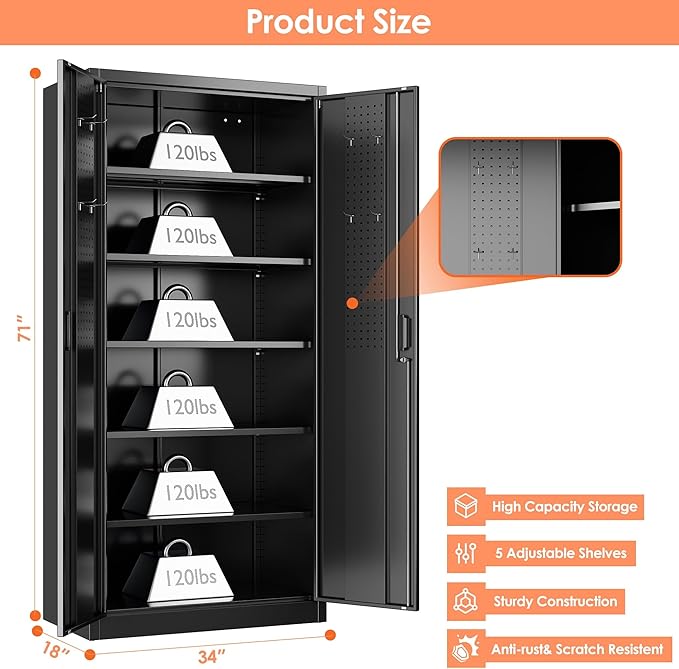 Aobabo 71" H×34" W×18" D Metal Storage Cabinet with Pegboards, Locking Steel Storage Cabinet with 5 Adjustable Shelves and 4 Hooks for Garage, Office, Black, Assembly Required