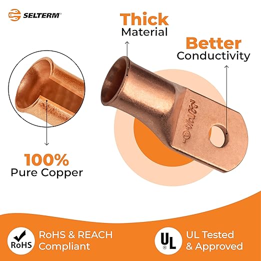 SELTERM 15pcs 2/0 AWG 1/4" Stud - UL Heavy Duty Battery Terminal Connectors, Bare Copper Battery Cable Lugs, 00 Gauge Wire Connectors, Electrical Battery Cable Ends, Ring Terminals Copper Lugs