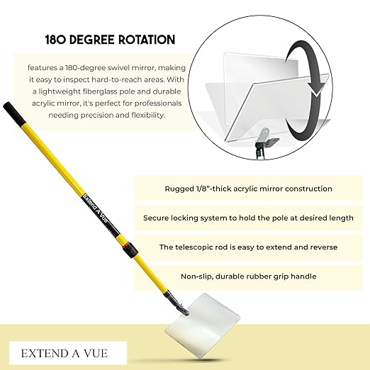 Telescoping Inspection Mirror - Standard Fiberglass, Lightweight & Durable, 2 ft - 4 ft Pole, 6 x 6 inch Acrylic Mirror