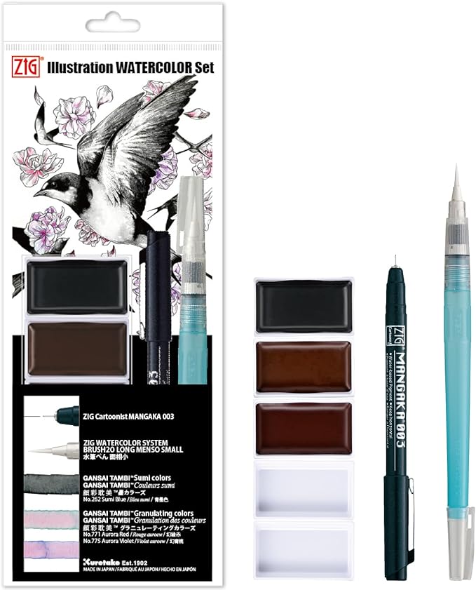 Kuretake Zig illustration watercolor Set, 3 Gansai Tambi, Fineliner and by Kuretake