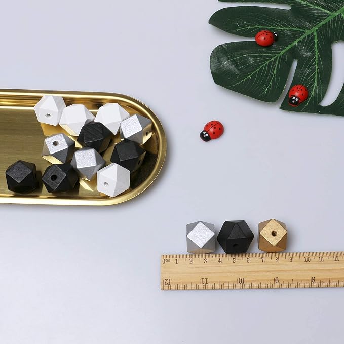 20mm Geometric Wood Beads Mixed in White, Polygon Wooden Loose Beads - Image 2