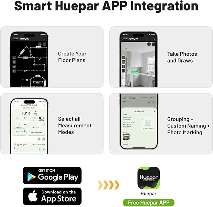 Huepar Laser Distance Measure 200Ft. Digital Rechargeable Laser Measuring Tool with Bluetooth -Phone APP, 1/16in Accuracy, Angle Sensor, M/in/Ft Unit, Pythagorean Mode, Measure Distance, Area, Volume