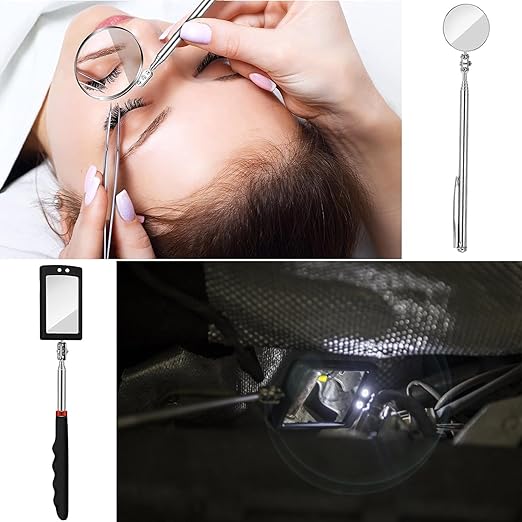 3PCS Telescopic Inspection Mirror,Stainless Steel LED Telescoping Inspection Mirror,Portable 360 Degree Rotating Mechanic Mirror with Long Handle Tool(Oval, Round,Square)