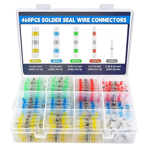 460PCS Heat Shrink Solder Seal Wire Connectors Kit, Waterproof Solder Butt Connectors Heat Shrink Terminals Wire Splice Connectors Kit for Marine Electrical Automotive (5 Colors/5 Sizes/AWG 26-10)