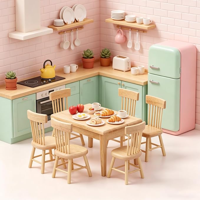 Z MAYABBO Wooden Dollhouse Furniture of Table & Chair, Miniature Dollhouse - Image 3