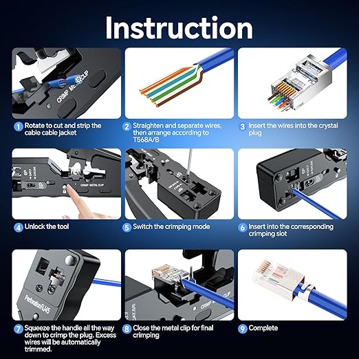 NOYAFA Rechargeable Network Cable Tester with RJ45 Crimp Tool, RJ11 RJ45 CAT5 CAT6 CAT7 Ethernet Cable Tester POE Tester, Continuity Tester Cable Toner Network Tools Kit with Crimper Stripper Cutter