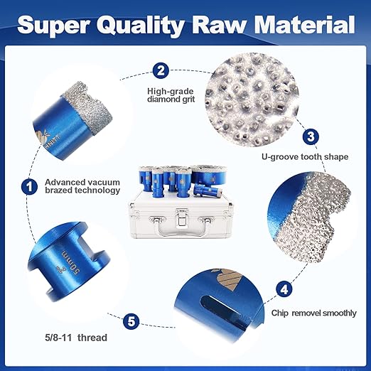 Diamond Hole Saw Kit - 6pcs Drill Bits for Porcelain Tile, Ceramic, Marble, Granite, 5/8-11 Thread, 4/5" to 4" (20 to 100mm)