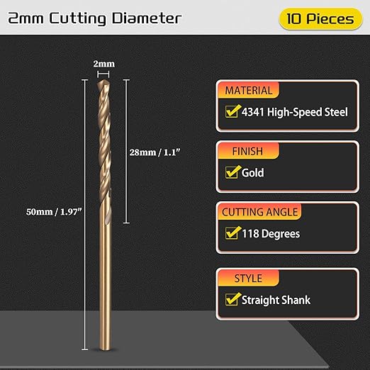 Drill Bit, 2mm Cutting Diameter, 4341 HSS Gold and Black 118° Cutting Angle Number Jobber Bits - (Applications: for Drilling Soft Metal Plastic Wood), 10-Pieces
