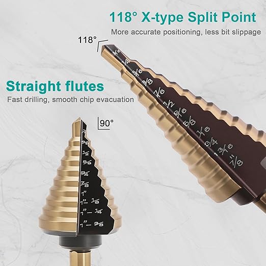 Step Drill Bit Set 5PCS, Step Drill Bit for Metal Plastic Aluminum Iron Stainless Steel Wood, High Speed Steel Titanium Coated Cone Drill Bits