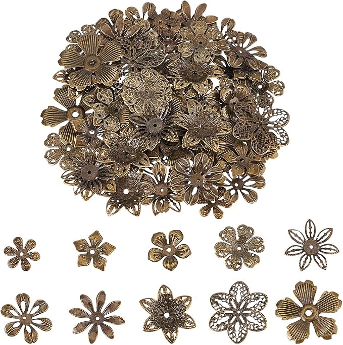 PandaHall 200pcs Flower Spacer Beads, 10 Styles Iron Flower Bead Cap Filigree by PHPandaHall