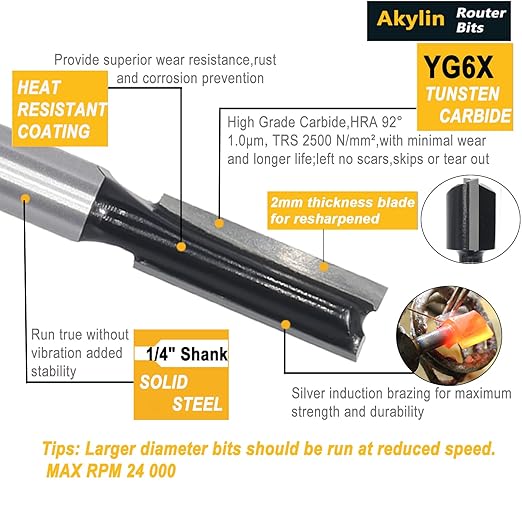 8Pcs Straight Router Bit 1/4 Shank,Cutting Diameter 1/16"-1/8"-3/16"-1/4"-3/8"-1/2"-5/8"-3/4",CNC Carbide Straight Router Bits for Woodworking Routing, Plunging, Dadoing (Wooden Case Package)