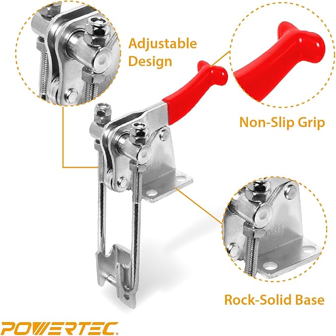 POWERTEC 1PK Toggle Clamp, 1980 lbs Holding Capacity, 40344 Adjustable 90 Degree Vertical U Bolt Latch w/Antislip Hand Grip for Woodworking Jigs & Fixtures, Smoker, Tire Carrier, Tool Box (20324)