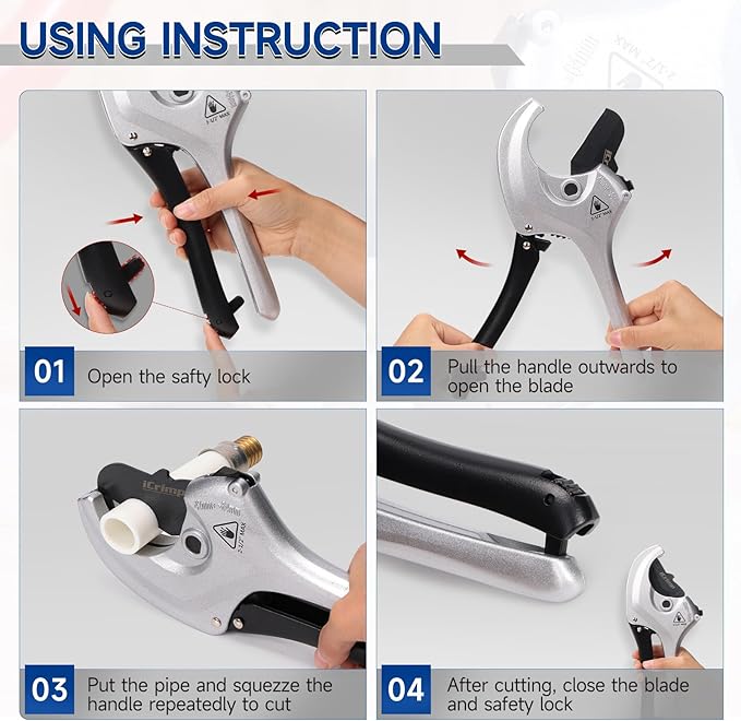 iCrimp Adjustable PVC Pipe Cutter Cuts up to 2-1/2", Heavy-Duty Aluminum Ratchet Pipe Cutter Tool, One-hand Operation Tube Cutter, PEX Cutting Tool for PEX, PVC, PPR Platic Hose and Plumbing Pipe