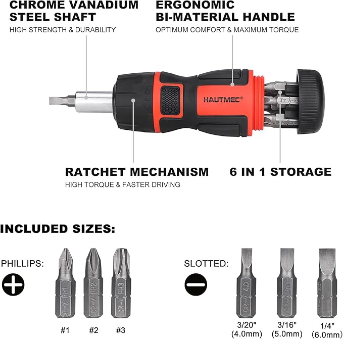 HAUTMEC 7-in-1 Stubby Ratcheting Screwdriver Set, Ratchet Short Screwdriver Set with Multi Bit Screw Driver Tool All in One, Chrome Vanadium Steel Shaft 3PCS Phillips and 3PCS Slotted