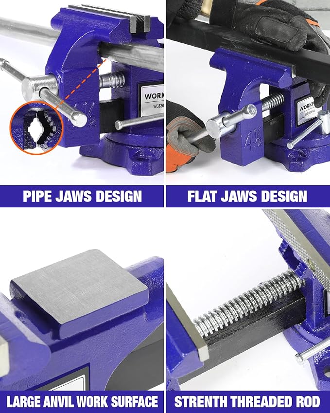 WORKPRO Bench Vise, 4-1/2" Vice for Workbench, Utility Combination Pipe Home Vise, Swivel Base Bench for Woodworking