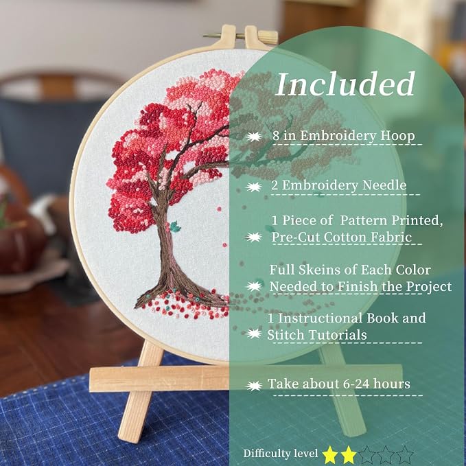 FONNUY Crewel Embroidery Kit for Beginners, Seasonal Tree Pre-Stamped Pattern - Image 3