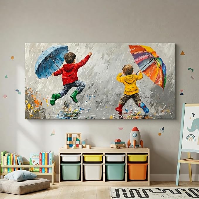 ZESTRILIA Joyful Kids Playing in Rain Canvas Wall Art, Rainbow Umbrella - Image 5
