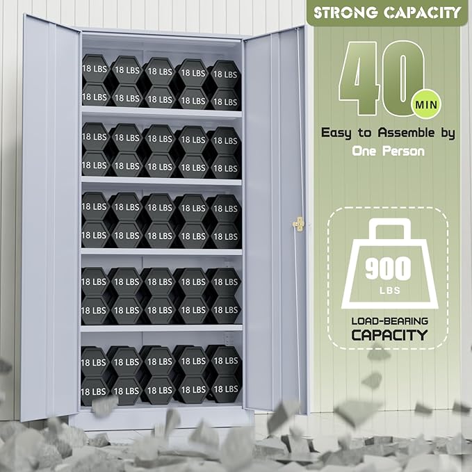 SUNCROWN 72" Metal Storage Cabinet - Heavy-Duty Metal Garage Cabinet with 4 Adjustable Shelves & 2 Doors for Tools, Office, Home, Workshop,Cement Grey-Small