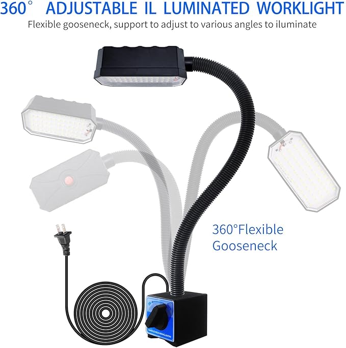 Magnetic Work Light, 2000 Lumens Led Machine Light with Strong Magnetic Base, 20 inch Flexible Gooseneck Magnetic Lamp for Garage, Workshop, Lathe and Drill Press, 120V, Black