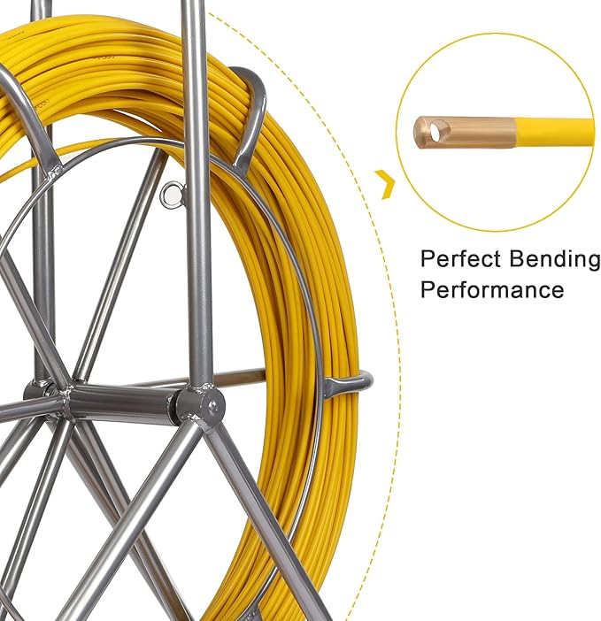 Fish Tape Fiberglass 6MM 425FT Fishing Wire Duct Rodder Cable Puller Running Electrical Fishtape Rod with Steel Wheel Stand Reel through Wall Pipe