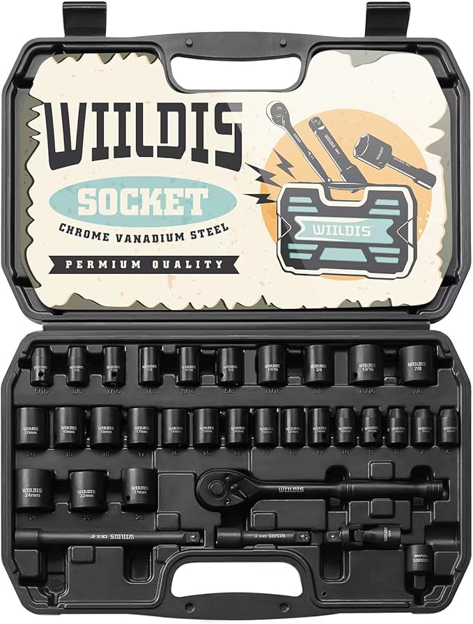Impact Socket Set, 33-Piece, 3/8" Drive Socket Set with 72 Teeth Reversible Ratchet Wrench, CR-V, 6 Point, SAE/Metric, 5/16 Inch - 7/8 Inch, 6mm - 24mm, Mechanic Tool Kits for Men