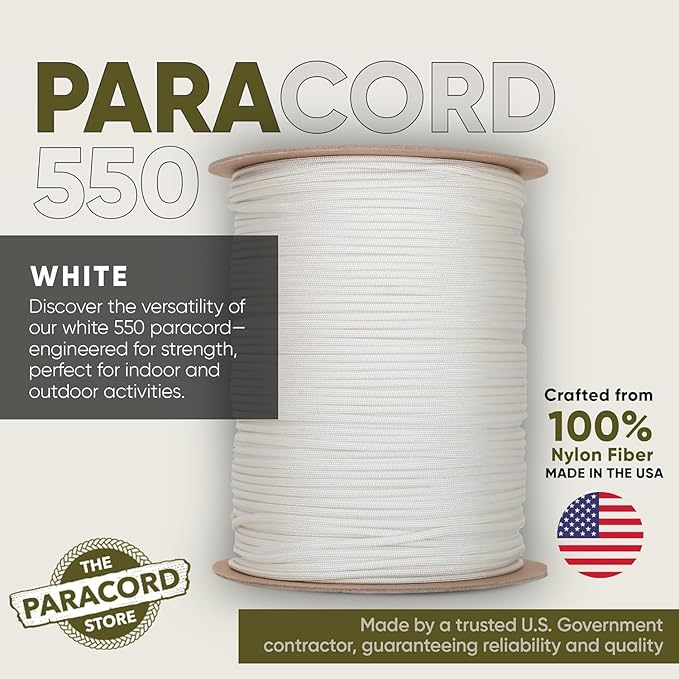 The Paracord Store | Type III 550 Paracord - 250 FT Spool, White | Heavy Duty 7 Strand Tactical Paracord - USA Made Nylon Outdoor Parachute Cord for Camping, Fishing & More - Survival Cord