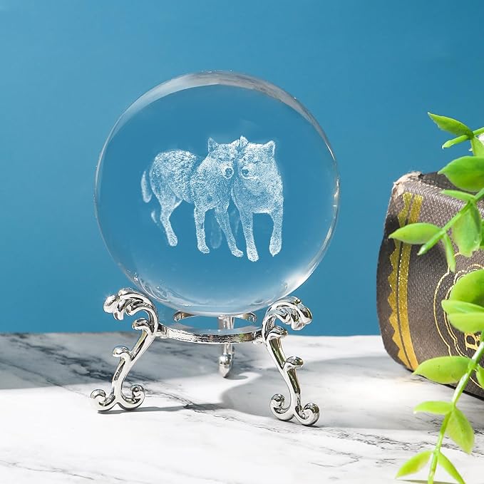 3D Wolf Crystal Ball with Stand Lase Engraved Glass Sphere Paperweight Wolf - Image 6