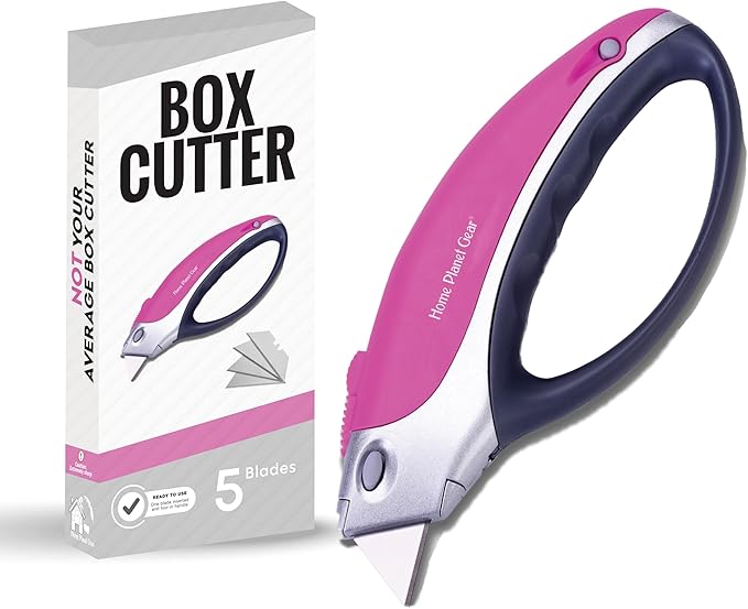 Pink Box Cutter Retractable Utility Knife - Heavy Duty Box Cutter Knife Cardboard Cutter - Box Opener Razor Blades Knife with 5 Sharp Utility Blades