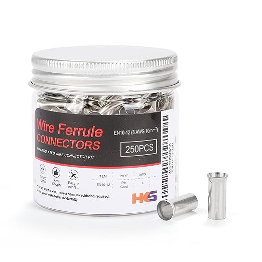 HKS 250PCS Non-Insulated Wire Ferrules- AWG8-10.0mm² Copper Barrel Pin Cord Terminals for Wiring Electrical Crimp EN10-12