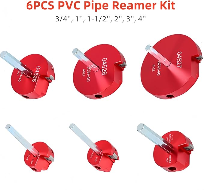 PVC Pipe Reamer Kit, 6PCS Inside Pipe Reamer Tool, ABS CPVC PVC Fitting Saver for Standard 1/2" Drills, Aluminum Drain Water Plumbing Tools for SCH40 (3/4'', 1'', 1-1/2'', 2'', 3'', 4'')