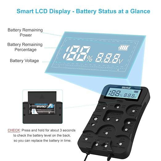 Dlyfull Battery Tester, LCD Display Universal Battery Checker for Ni-MH, Ni-CD, Li-ion, Alk & LiFe04 Batteries(AA AAA C D 9V 12V 18650 CR123A 2CR5 CR2032 Cells), 2X AAA Batteries Included