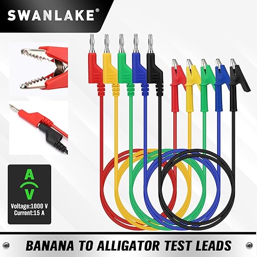 SWANLAKE 5-Piece Banana Plug to Alligator Clip Test Leads, 1000V 15A 3.5ft/1M Multimeter Electrical Alligator Clips, Flexible Copper Cable Banana Plug, Electrical Wires with Gator Clips