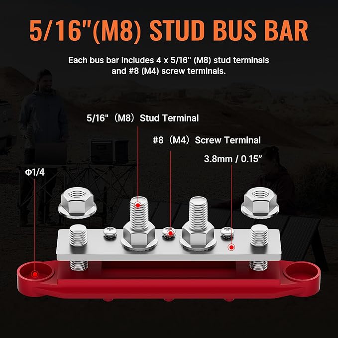 Joinfworld Power Distribution Block Bus Bar 12V 250A with 4 x 5/16"(M8) Studs Marine Bus Bar 12 Volt DC Battery Busbar Terminal Block for Automotive, Car, Boat, Solar Wiring - Negative&Positive