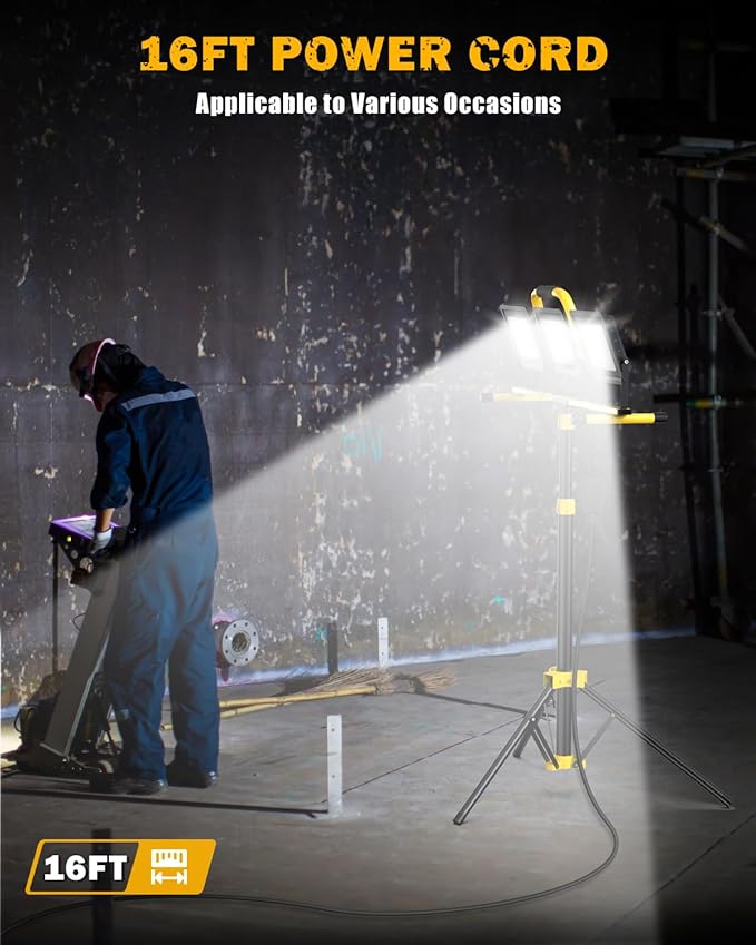 21000Lumen LED Work Lights with Stand, 3 Head Portable Work Light with 16FT Cord, IP66 Waterproof Tripod Worklights for Outdoor Indoor Job Site Workshop Garage Construction Site Lighting(3 Head)