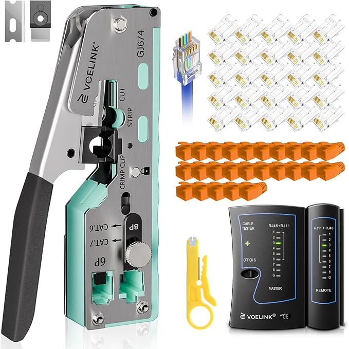 VCELINK RJ45 Crimp Tool Kit 53-in-1 for CAT7/CAT6A/CAT6/CAT5E/CAT5 Connectors, Includes Crimper Blades Replaceable, Cable Tester, Wire Stripper for Beginners Professionals DIY Network Setups