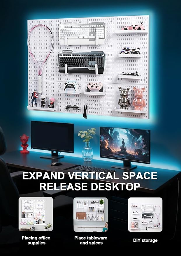 Pegboard Wall Organizer Kit – Heavy Duty 20lbs Load Bearing, Easy Installation, 4 Peg Board Panels 14 Accessories – Multi-Surface Use For Garage, Office, Kitchen & Crafts (White Pegboard,24″×24″)