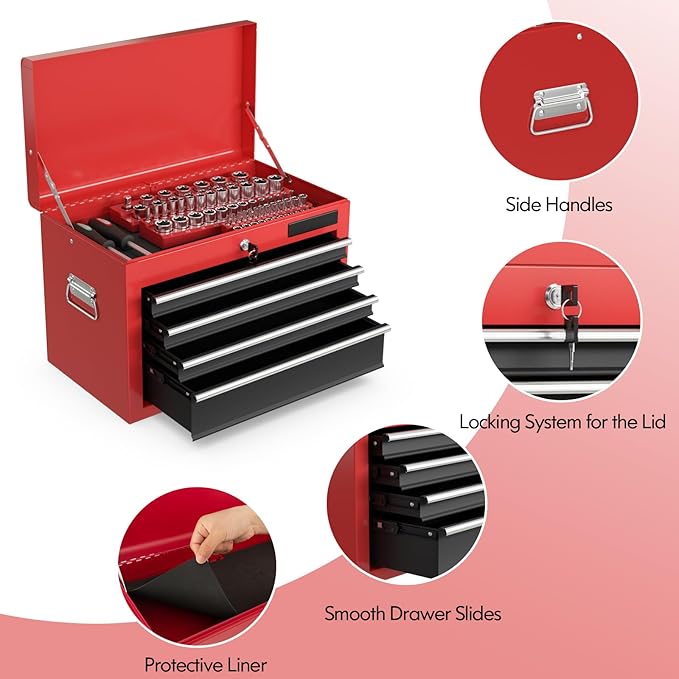 S AFSTAR 6-Drawer Rolling Tool Chest, High Capacity Tool Storage Cabinet with 4 Hooks, Locking System and Universal Wheels, 2-in-1 Detachable Large Toolbox for Garage Workshop (Black & Red)